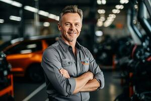 Portrait of a mature repairman with arms crossed in an auto repair shop photo