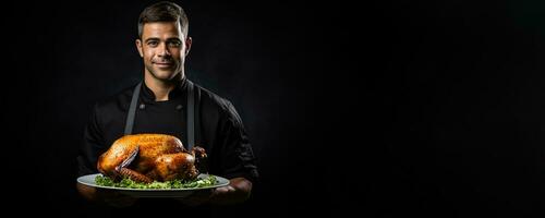 Portrait of a male chef holding his signature dish against a dark background photo