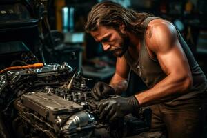 Long-haired mechanic repairing a motor vehicle's engine in a car repair shop photo