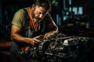 Long-haired mechanic repairing a motor vehicle's engine in a car repair shop photo