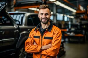 Auto mechanic with wrench in a car workshop photo