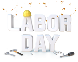 3D Rendering Labor Day Text With Worker Helmet And Hand Tools png
