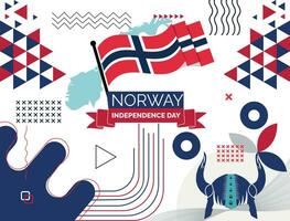 Noruega nacional día bandera diseño. noruego bandera y mapa tema con Oslo vikingo casco antecedentes. modelo vector Noruega bandera moderno diseño. resumen geométrico retro formas de rojo y azul color.