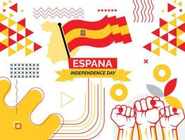 Spanish national day banner design. Spanish flag and map theme with background. Template vector Spanish flag modern design. Abstract geometric retro shapes of red and blue yellow .