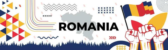 Romania national day banner with map, flag colors theme background and geometric abstract retro modern black yellow blue red design. abstract modern design. vector