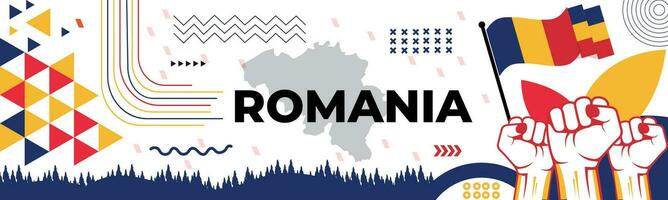 Romania national day banner with map, flag colors theme background and geometric abstract retro modern black yellow blue red design. abstract modern design. vector