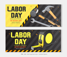 arbeid dag banners reeks met 3d renderen bouw gereedschap voorwerpen psd