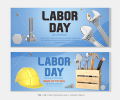 arbeid dag banners reeks met 3d renderen bouw gereedschap voorwerpen psd