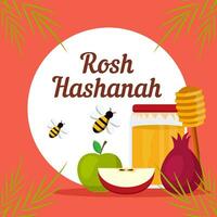 rosh hashanah illustration in flat design vector with bee, pomegranate and apples