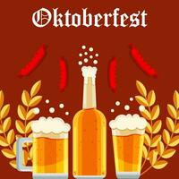 plano Oktoberfest festival ilustración con dos lentes de cerveza, botella, y salchicha vector