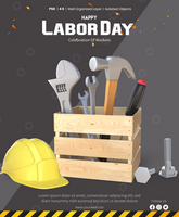 trabalho dia poster modelo com 3d Renderização de madeira Caixa de ferramentas com Ferramentas e trabalhador capacete psd