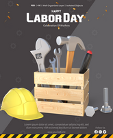 Labor Day Poster Template With 3D Rendering Wooden Toolbox With Tools And Worker Helmet psd