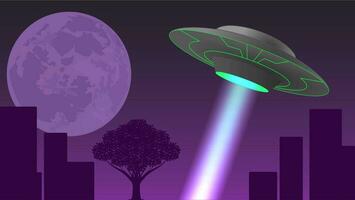 UFO flying saucer on the background of the night city and the moon vector