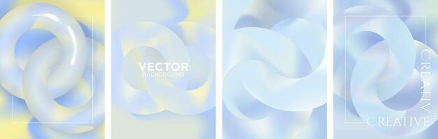 Set of Abstract liquid fluid circles hologram color backgrounds. 3D sphere shape pastel blue and yellow. Creative minimal trendy gradient template for cover brochure, flyer, poster, banner web. Vector