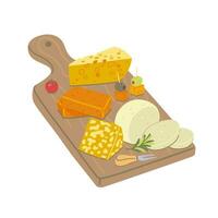 Wooden board with different types of cheese. Vector graphics.