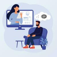 Online Psycholotherapy concept. Sad man talking with psychologist on the chair. Vector flat style illustration