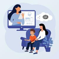 Mother with her son talking online with therapist via computer. vector