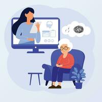 Online Psycholotherapy concept. Sad elderly woman talking with psychologist on the chair. Vector flat style illustration