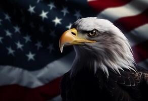 Photo bald eagle with Americana flag in the background