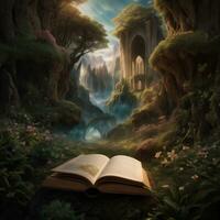 open book in beautiful mysterious fairytale forest photo