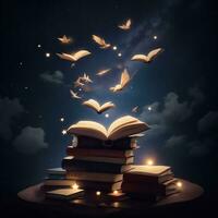 a lot of books on a dark background turn into birds photo