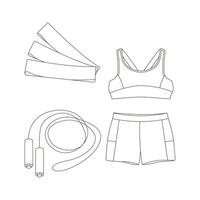 Sports top, shorts, sportswear, jump rope, rubber bands for training. Sport equipment. Fitness inventory. Line art. vector