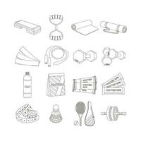 Step platform, expander, mat, jump rope, dumbbells, water, protein. Sport equipment. Fitness inventory. Line art. vector