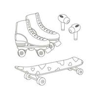 Rollers, headphone, skateboard. Sport equipment. Fitness inventory. Flat vector illustration. Line art.