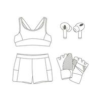 Sports top, shorts, sportswear, headphone. Sport equipment. Fitness inventory. Line art. vector