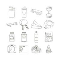 Shaker, step platform, expander, mat, skateboard, tennis, vitamins, protein. Sport equipment. Fitness inventory. Line art. vector