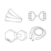 Expander, dumbbells, rubber bands for training, jump rope. Sport equipment. Fitness inventory. Line art. vector