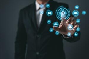 person is touch an Ai chip.new technology bigdata and business process strategy,customer service management.Digital transformation change management,internet of things.cloud computing.Ai technology. photo