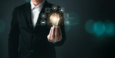 person hand holding power lightbulb and pretend to think, inspiration, creativity and imagination concept, innovation technology success business. Digital transformation. Ai technology. photo