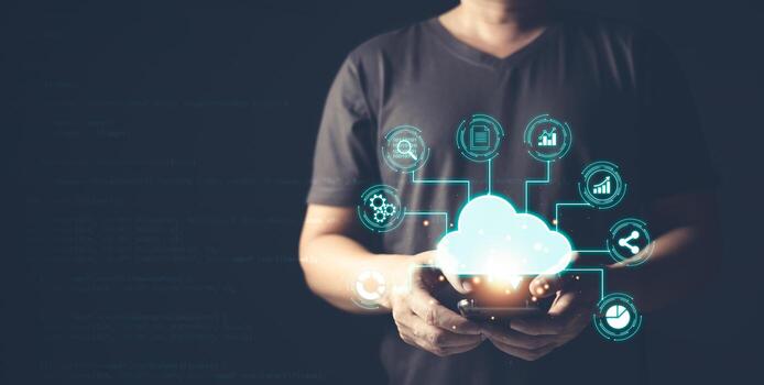 man use cloud computing diagram show on hand.Data storage.the use of online digital network technology in business, buying and selling commerce online digital marketplace photo