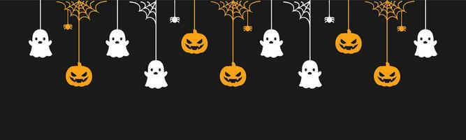 Happy Halloween banner or border with ghost and jack o lantern pumpkins. Hanging Spooky Ornaments Decoration Vector illustration, trick or treat party invitation