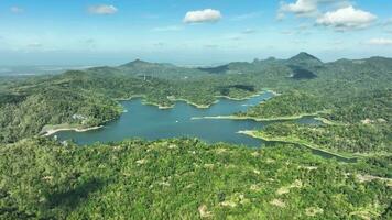 aéreo ver de waduk sermo artificial lago desde kalibru nacional parque, Indonesia. video