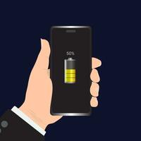 Hand holding smartphone with low battery on the screen. Flat vector illustration EPS 10.