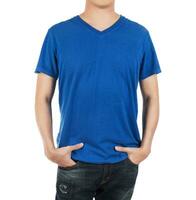 Close up of man in front  blue shirt on white background. photo