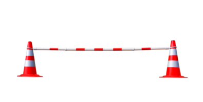 Two red and white traffic cones with adjustable barrier bar isolated on transparent background, png file