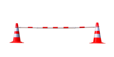 Two red and white traffic cones with adjustable barrier bar isolated on transparent background, png file