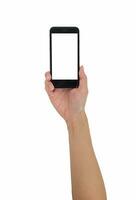 Hand holding smart phone isolated white background, use clipping path photo