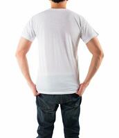 Young man with blank white shirt isolated white background, on back photo
