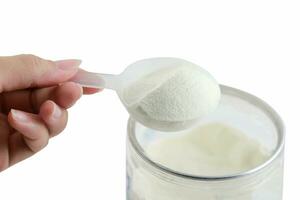 Collagen protein powder with spoon measure isolate on white background. photo