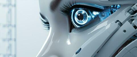 Face woman human robotic eyelid technology up beauty caucasian eye healthy closeup futuristic health close-up photo