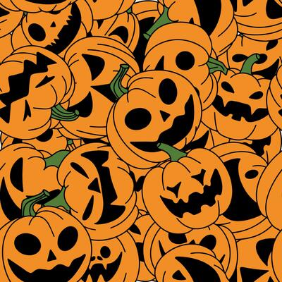 Jack O Lantern seamless pattern in doodle style. Hand drawn Halloween seamless pattern. Vector illustration.