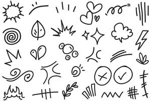 Conjunto de vectores de doodle de signo de expresión de dibujos animados dibujados a mano, flechas direccionales de curva, elementos de diseño de efectos de emoticonos, símbolos de emoción de personaje de dibujos animados, lindas líneas de trazo de pincel decorativo.