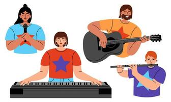 conjunto de personas con diferente musical instrumento. mujer y hombres con Arte pasatiempo o profesión. plano vector ilustración en blanco antecedentes.