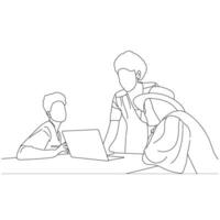 Vector business meeting discussion between worker in cafe round table cartoon Line art. Business training and presentation concept. continuous line drawing of office workers at business meeting