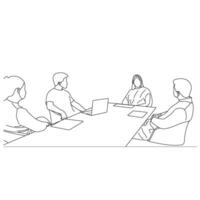 Vector business meeting discussion between worker in cafe round table cartoon Line art. Business training and presentation concept. continuous line drawing of office workers at business meeting