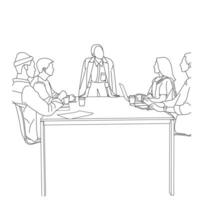 Vector business meeting discussion between worker in cafe round table cartoon Line art. Business training and presentation concept. continuous line drawing of office workers at business meeting